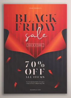 a black friday sale poster with red and black ribbons on the bottom, in front of an orange background