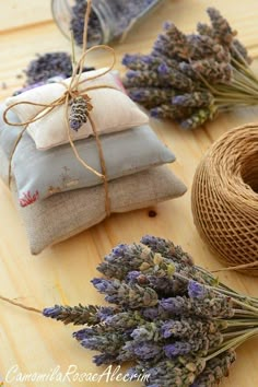 lavenders and twine tied together on a table