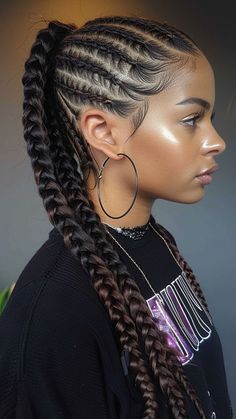 Half Braids Ponytail, Different Hair Braids Styles, Black Woman With Cornrows, Cornrows To Bun, Braid Styles Women, Long Lasting Hairstyles Black Braids, Hair Braided Up Into Ponytail, 4 Braid Ponytail Hairstyle, Cornrow Ponytail Natural Hair