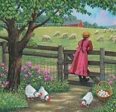 a painting of a woman looking over a fence at sheep