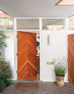 two potted plants are sitting in front of the entrance to a house with wooden doors