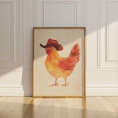 a chicken wearing a cowboy hat is shown in an empty frame on the floor next to a wall