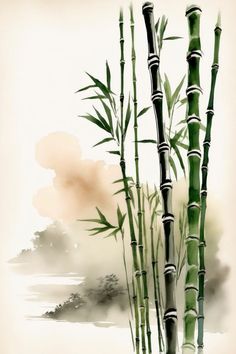 a painting of some green bamboos in front of a white background with water and clouds