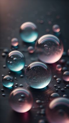 water droplets on a black surface with pink and blue hues