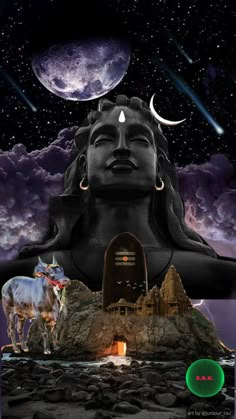 an image of a buddha statue with the moon in the sky above it and two cows standing