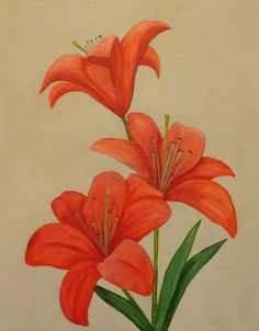 a painting of three red flowers in a vase