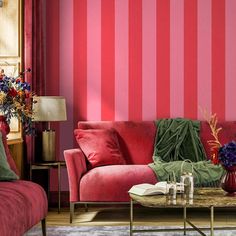 Awning Stripe Wallpaper - Candy Cane Pink Red Interior, Pink And Red Interiors, Red And Pink Living Room, Pink And Red Room, Pink Bedroom Wallpaper, Pink Striped Walls, Pink Wallpaper Bedroom, Pink House Interior, Colourful Lounge