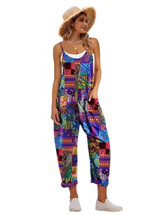 PRICES MAY VARY. Casual jumpsuits are summer essentials for women. Made of cotton, these sleeveless overalls are soft, comfy and airy for hot summer and humid days. You will love these easy but printed bohemian rompers to throw on, on those lazy days. Vivid flowers or fun geometric patterns spice up your wardrobe with a blaze of colors. Experience the perfect blend of cozy and fashion with our baggy loose fit harem jumpers. The unique style of the drop crotch are so classic and chic. The shape a Vivid Flowers, Bohemian Rompers, Casual Lounge Wear, Flowy Jumpsuit, Jumpsuit Fitted, Trendy Jumpsuit, Teacher Clothes, Teacher Outfits, Lazy Days