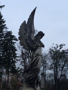 an angel statue is shown in front of some trees