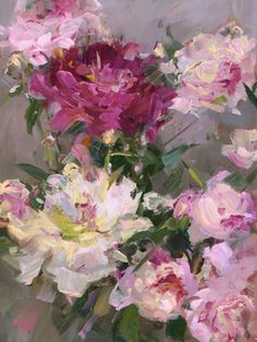 a painting of pink and white flowers in a vase