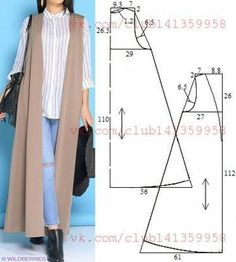 a woman wearing a long vest and jeans, with the measurements for her coat on