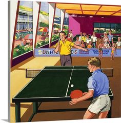 a painting of two men playing ping pong in an indoor tennis court with people watching