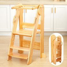 a wooden baby's high chair and stand in a kitchen