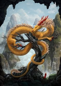 a painting of a yellow dragon sitting on top of a tree branch in front of mountains