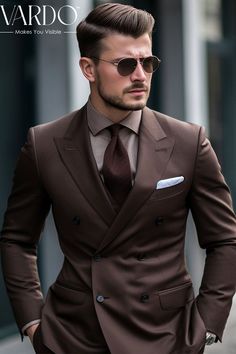 Luxury Brown Double Breasted Suit For Men, Luxury Brown Double Breasted Suit For Fall, Luxury Brown Double Breasted Suit For Semi-formal Occasions, Luxury Double-breasted Three-piece Suit For Semi-formal Events, Luxury Brown Three-piece Suit For Groom, Luxury Brown Formal Suit, Luxury Three-piece Gentleman's Suit For Business, Luxury Brown Single Breasted Three-piece Suit, Luxury Classic Three-piece Suit For Business Meetings