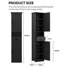 an image of a tall black cabinet with shelves and drawers on the bottom, side by side