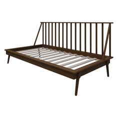 the bed frame is made from wood and has metal slats on each side,