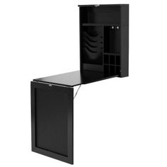 a black cabinet with its doors open