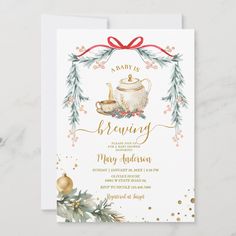 a christmas tea party card with holly wreaths and gold foil on the front, featuring a