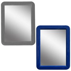 two blue and gray mirrors sitting next to each other