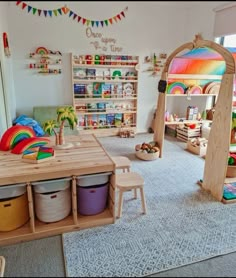 a child's playroom with toys, bookshelves and other items in it