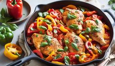 chicken and peppers in a skillet on a table