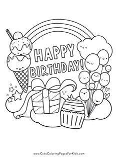 happy birthday coloring page with cupcakes and balloons