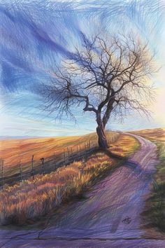 a drawing of a tree on the side of a road with a fence in front of it