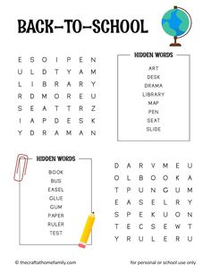 the back to school word search is shown