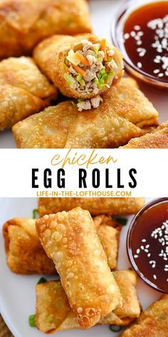 fried egg rolls on a plate with dipping sauce in the middle and another image above