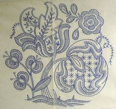 an intricately designed piece of paper with blue ink on white paper, depicting flowers and leaves