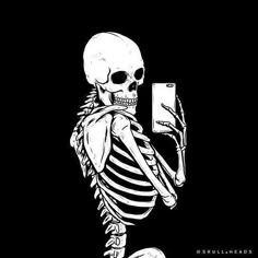 a skeleton holding a cell phone up to its face