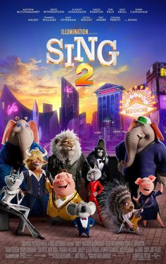 the movie poster for sing 2 is shown in front of an image of various characters