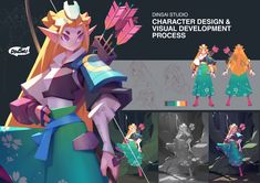 the concept art for an animated video game, character design and visual development process is shown