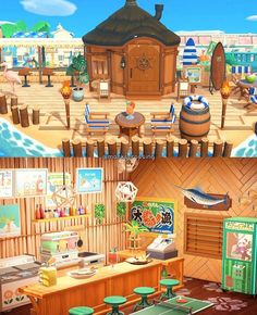 an animated image of a kitchen and living room in the game animal crossing, which is also part of a restaurant