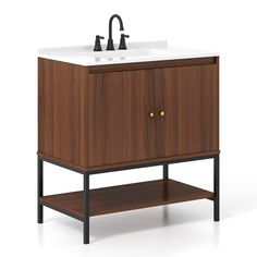 a bathroom vanity with two faucets and a sink on one side, against a white background