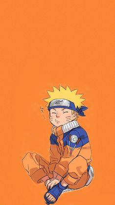 a drawing of naruto sitting on top of a skateboard in front of an orange background