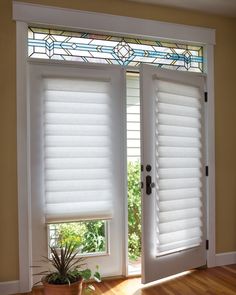 two windows with blinds in front of them and a potted plant on the floor