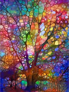 an abstract painting of a tree with colorful leaves