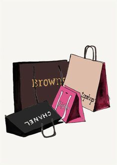 three brown and pink shopping bags sitting next to each other