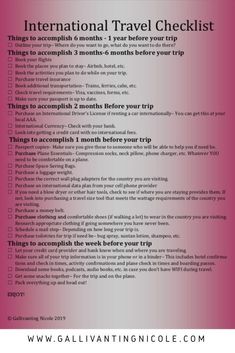 the international travel checklist is shown in pink