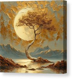 a painting of a tree in the middle of water with mountains and clouds behind it