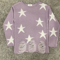 Never Worn Zenana Purple Star Sweater! / Size: Xs / Color: Purple & White / Never Worn, Super Cute! No Holes Or Pulled Seems, This Top Is A Little Oversized So It Fits Sizes Xs/S/Sm! Star Sweater, Shoulder Sweater, Purple Color, Color Purple, Sweater Sizes, Off The Shoulder, Sweaters For Women, Super Cute, Stars