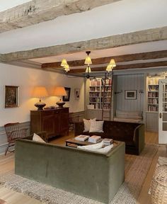 a living room with couches, lamps and bookshelves in it's center