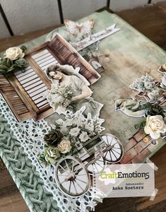 an altered photograph of a woman sitting in a chair next to a table with flowers on it