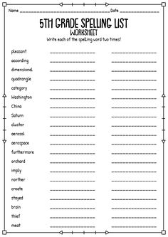 the 5th grade spelling list is shown in black and white, with lines on it