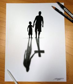 a drawing of a man and child holding hands on top of a piece of paper