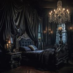 an ornate bedroom with chandelier and black drapes on the window sill