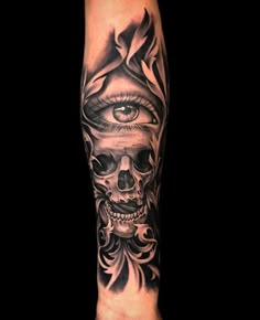 a man's arm with a skull and eye tattoo on it