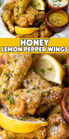 honey lemon pepper wings with lemons and parmesan cheese on the side are shown